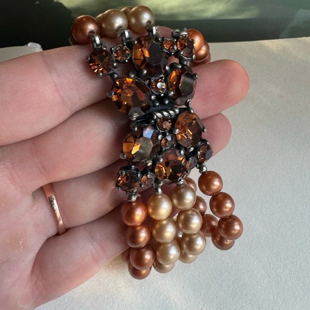 Schiarparelli Elegant Brown and Cream Faux Pearl Beaded Vintage Bracelet 6.75
